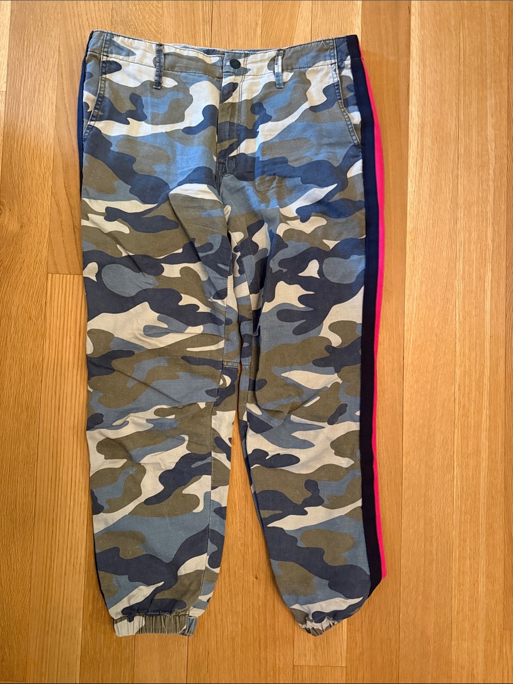 MOTHER Camo Ankle Pants with Pink & Navy Side Stripe